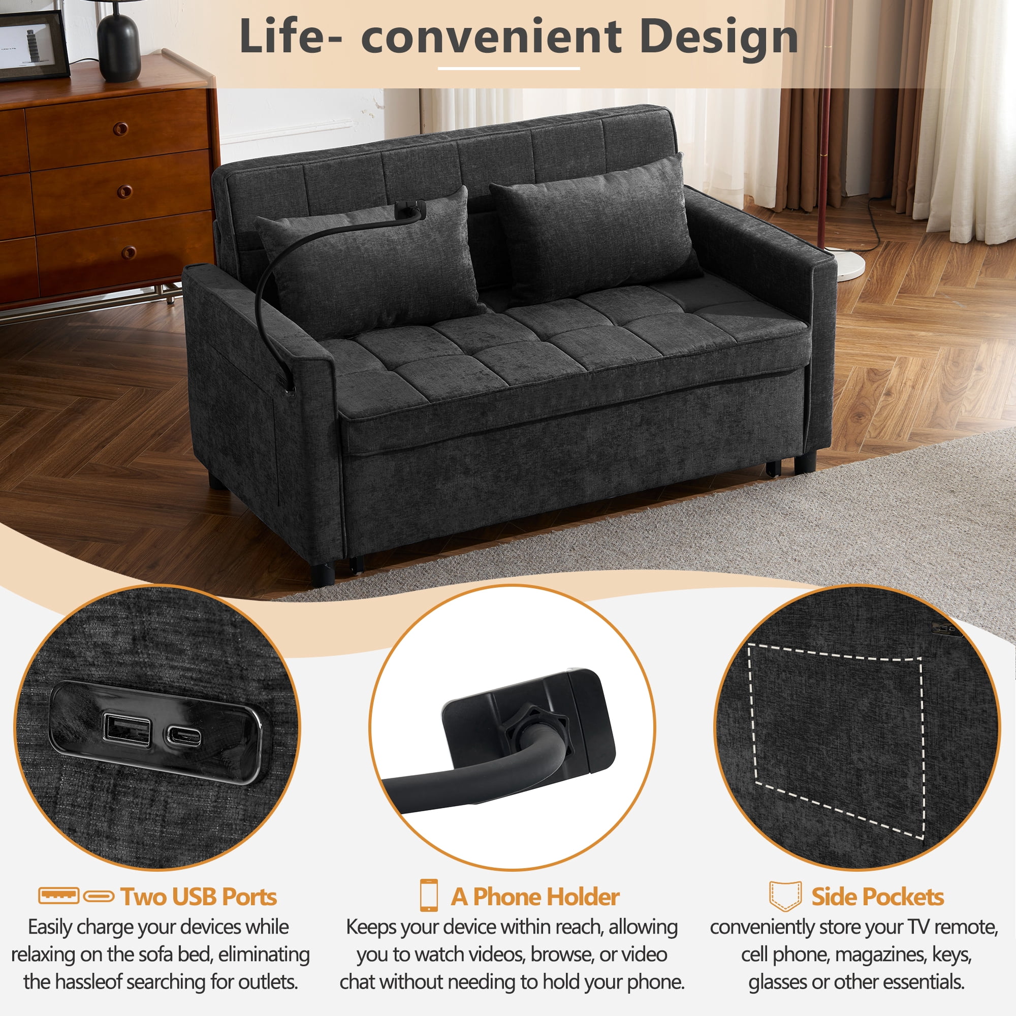 Euroco 56.9" Loveseat Sofa Pull-out Sofa Bed Sleeper Sofa with a Reversible Backrest Cushion, Side Pockets, Two USB Ports and a Phone Holder for Living Room, Black