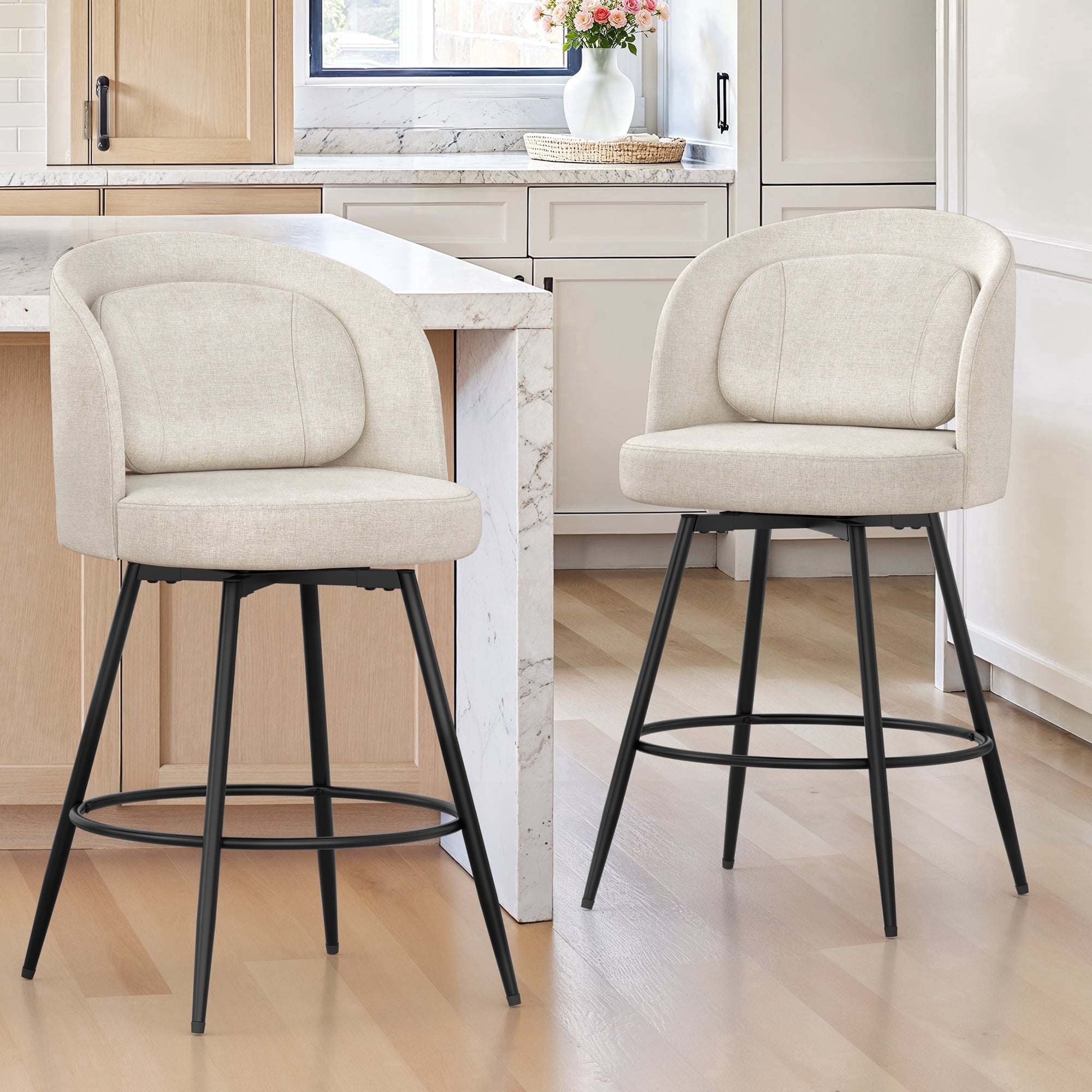 Carolayne 26.5" Swivel Bar Stools Set of 2, Modern Fabric Counter Height Bar stools with Back & Removable Cushion for Kitchen Island, Linen Color