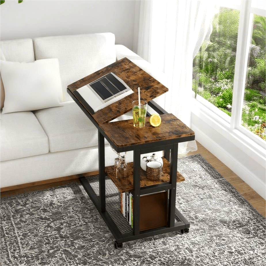 Fnova Mobile Side Table with Wheels, Snack Tray, Height-Adjustable C-Shape Desk, Tiltable Drawing Board, Laptop Stand, Storage Shelves for Living Room, Bedside Table for Couch