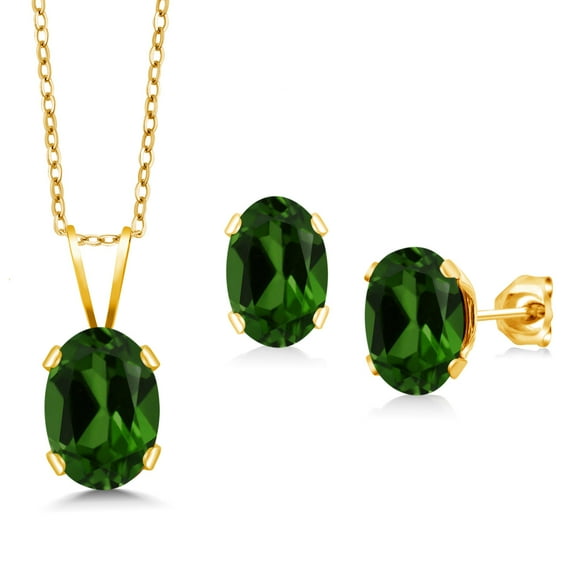 Gem Stone King 1.80 Ct Green Chrome Diopside 18K Yellow Gold Plated Silver Pendant and Earrings Jewelry Set