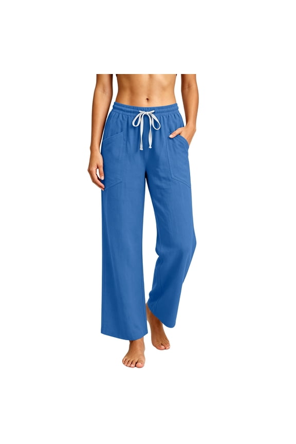 Women's High-Waist Wide Leg Pants, Elastic Waist with Drawstring, Casual Trousers with Pockets for Everyday Use Blue S