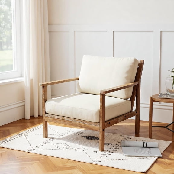 Topcobe Modern Accent Chair with Solid Rubber Wood Armrests, Sofa Chair for Bedroom Living Room, Beige
