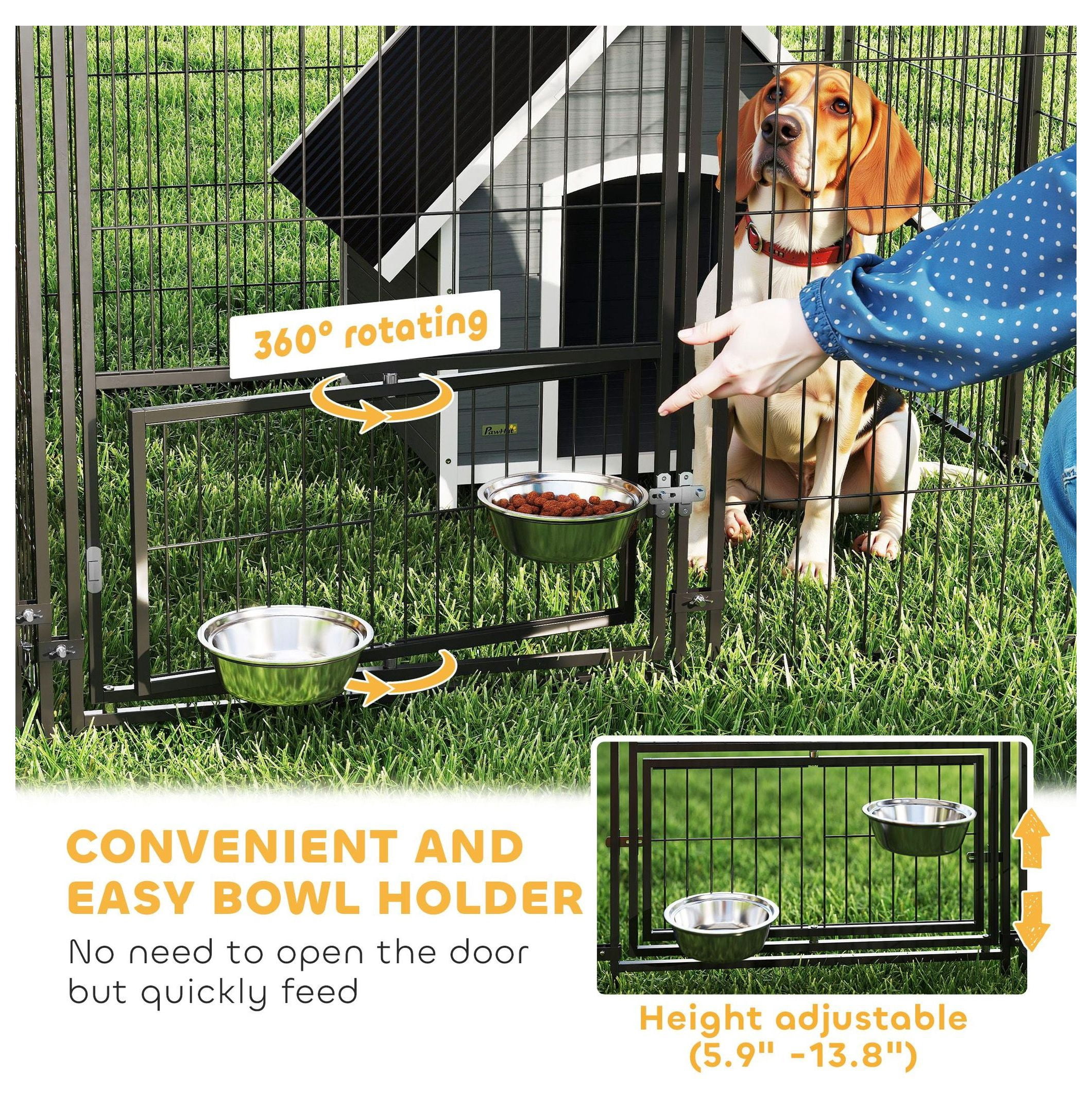 Outdoor Dog Kennel with 2 Rooms, Rotating Bowls 13.5'x9.4'x5.1' - Large Dog Run, Pet Playpen with UV Protection & Secure Latch