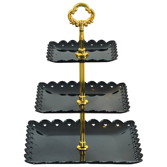 3-Tier Dessert Display Stand, Black Cake Stand with Gold-Plated Metal Stand, Wedding, Party, and Event Decoration, Space-Saving, Elegant Design