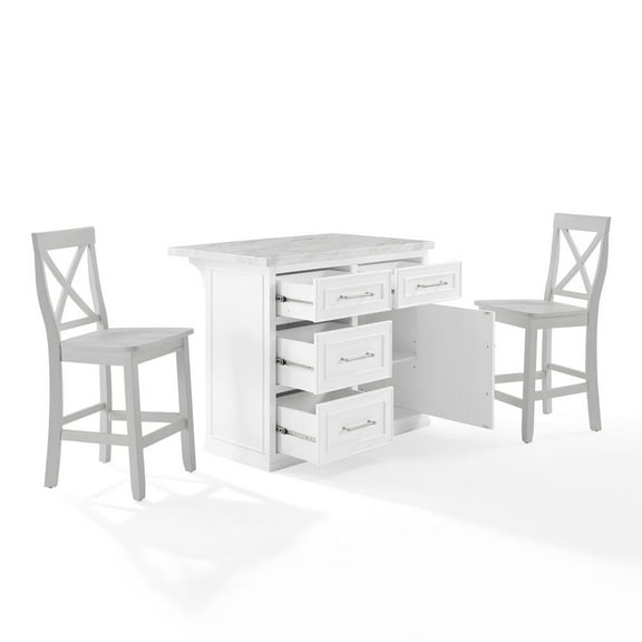 Crosley Furniture Cutler 3-Piece Wood Kitchen Island w/ X-Back Stools in White