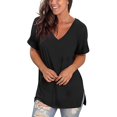 thumbnail image 3 of Summer women's V-neck solid color short-sleeved loose T-shirt with slits on both sides, 3 of 5