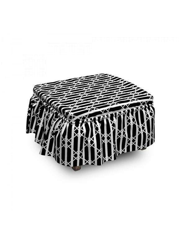 Abstract Ottoman Cover, Straight Stripes Squares, 2 Piece Slipcover Set with Ruffle Skirt for Square Round Cube Footstool Decorative Home Accent, Standard Size, Charcoal Grey White, by Ambesonne