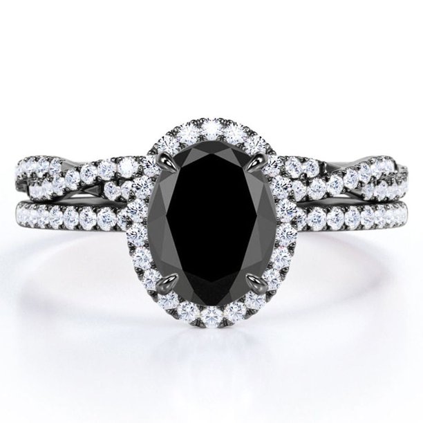 JeenMata Juego de Novia con Forma de Infinito Retorcido de Diamante Negro Cultivado en Laboratorio de 1,75 Quilates y Moissanita Engastado con Halo Pavé en Baño de Oro Negro de 18 K sobre Plata