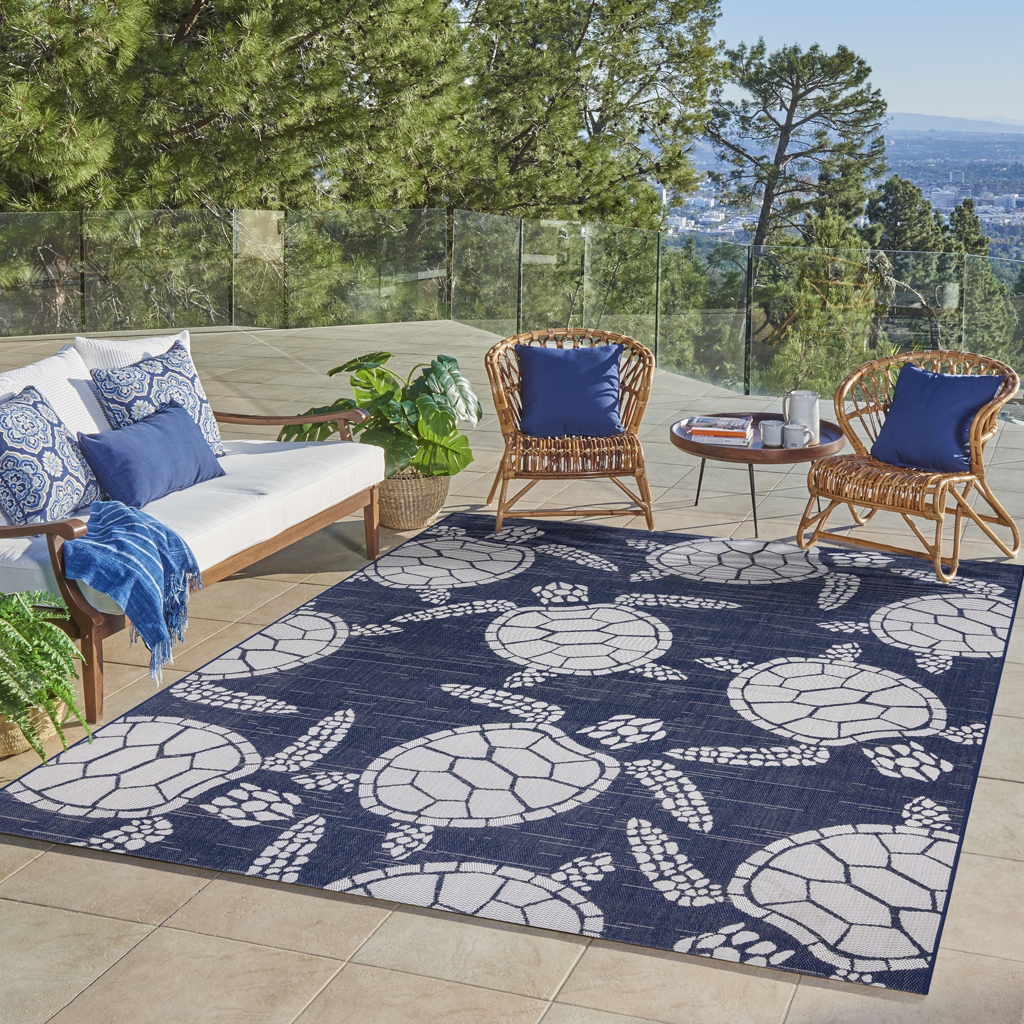 Gertmenian Paseo Tortue Sea Turtle Coastal Navy/White Outdoor Area Rug, 6x9