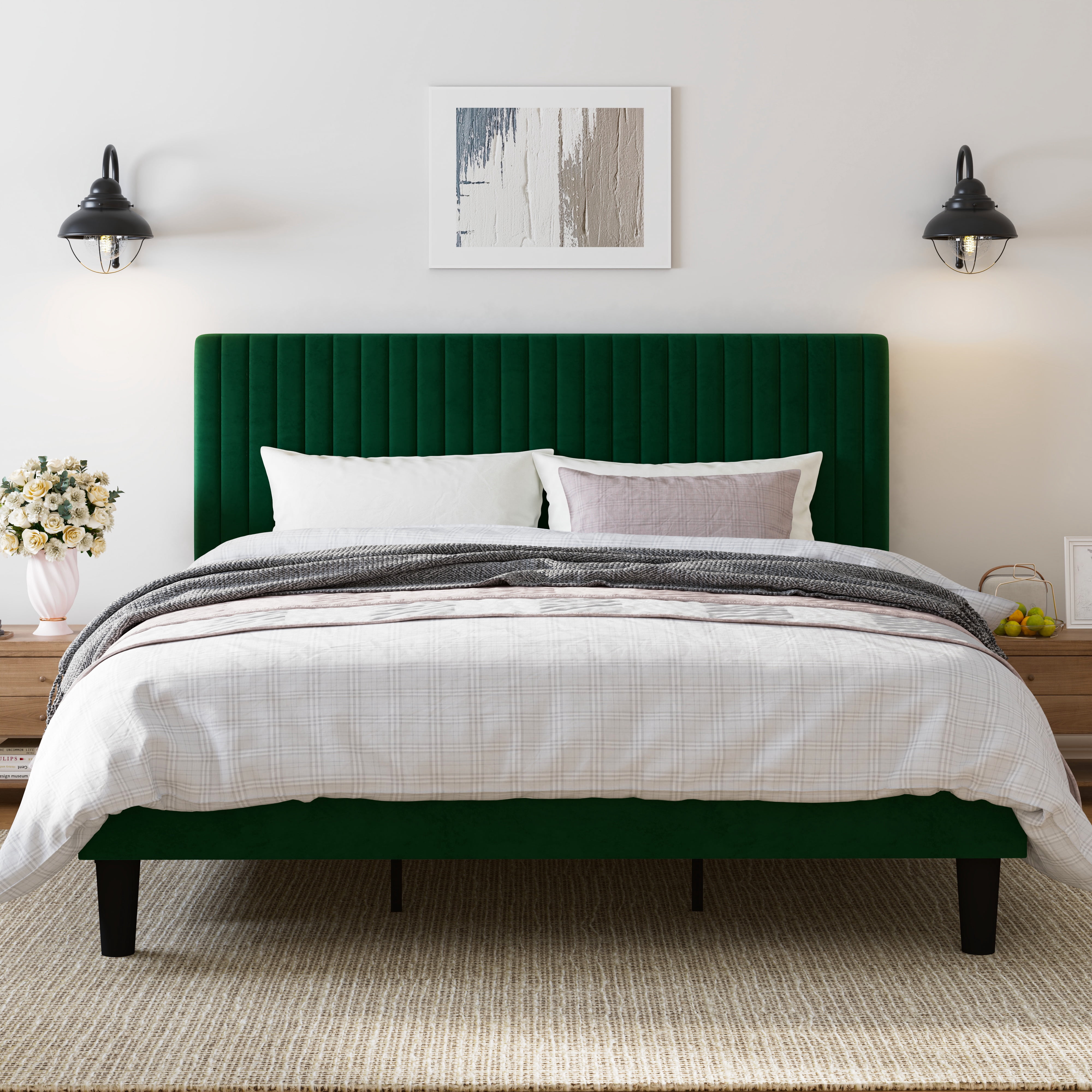 Amolife King Size Upholstered Platform Bed Frame with Adjustable Velvet Headboard, Green
