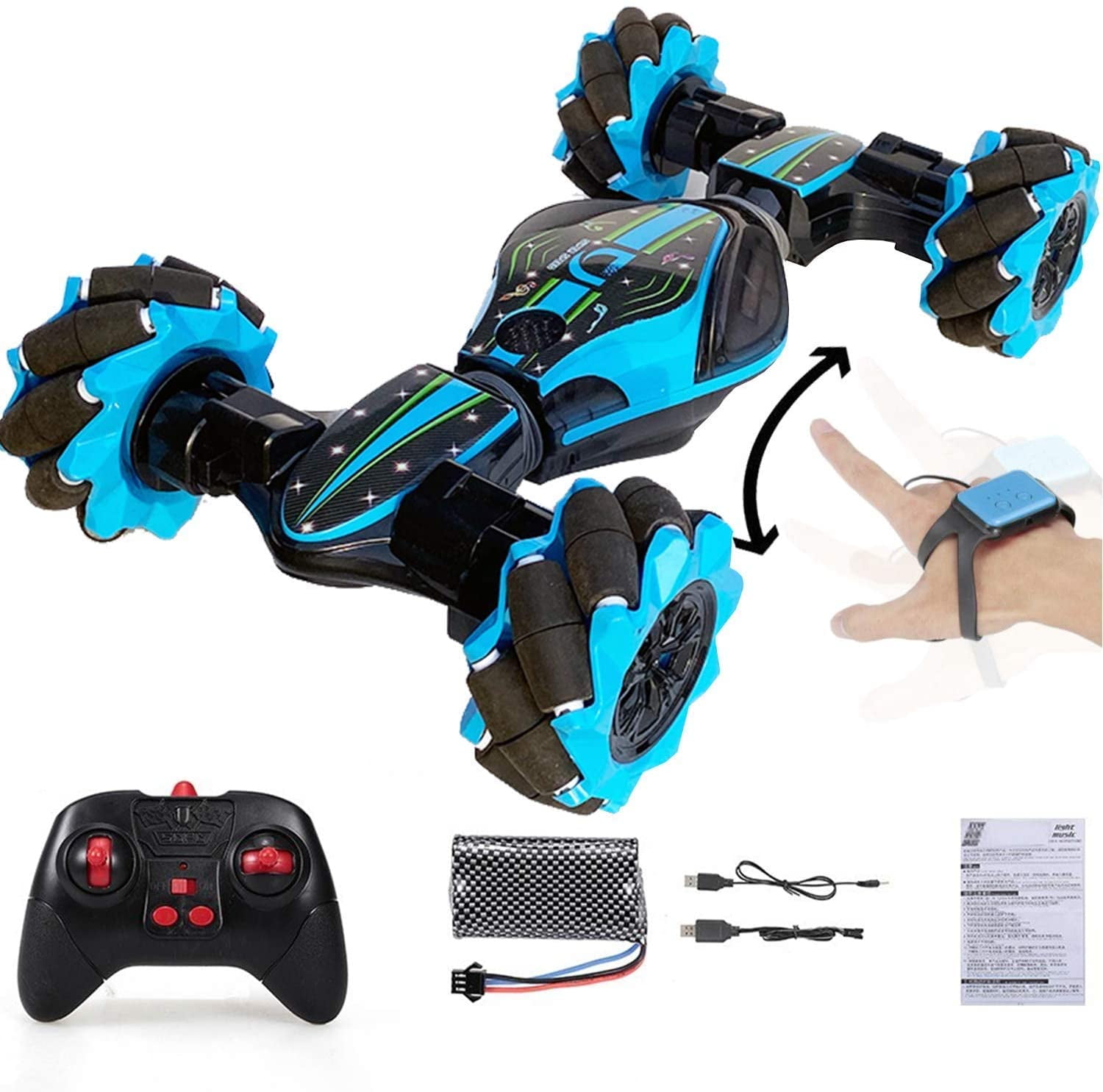 40 Min Standby Suitable for Any Terrain Blue 2.4G Gesture Controlled Double-Sided Remote-Control Car Toy for Kids Sports Mode Four-Wheel Drive Boxgear Gesture Sensing RC Stunt Car with Off-Road 