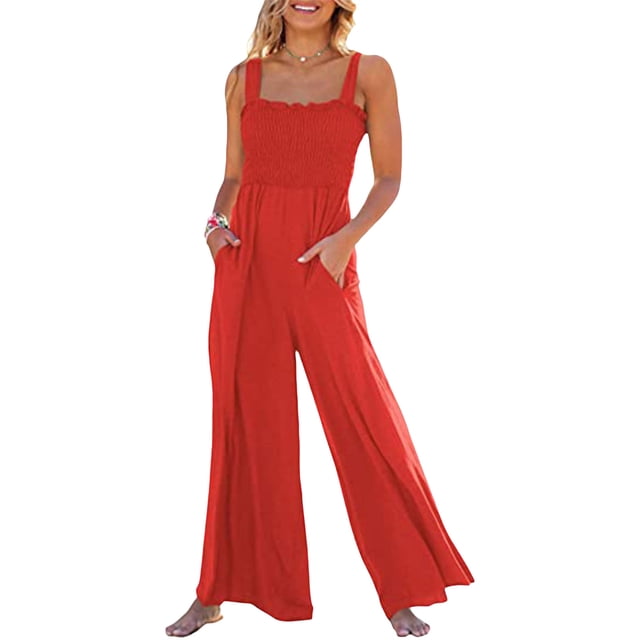 Sunloudy - Mono informal con cuello cuadrado para mujer, a la moda, color sólido/estampado, sin mangas, con pernera ancha Sunloudy S, M, L, XL