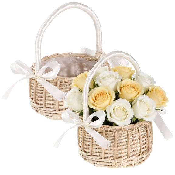 2 Pcs Small Wicker Baskets with Handle, Rattan Flower Girl Basket Set, Multi-Use Decorative Storage Organizer for Weddings, Parties, Home Decor, 6.1 x 3.9 x 8.1 in