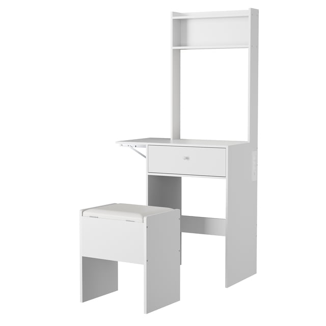Modern White Vanity Dressing Table Set – Touch Control 3-Color LED Mirror, Turn over-Top Panel, Storage Drawers, Stool, Power Outlets, Open Shelves – Bedroom Furniture – Color: White