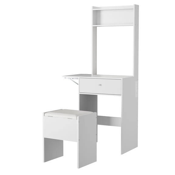 Smart LED Mirror Makeup Vanity Desk Compact White Dressing Table with Fold-Up Panel Power Station Storage Stool Open Shelves for Bedroom Furniture