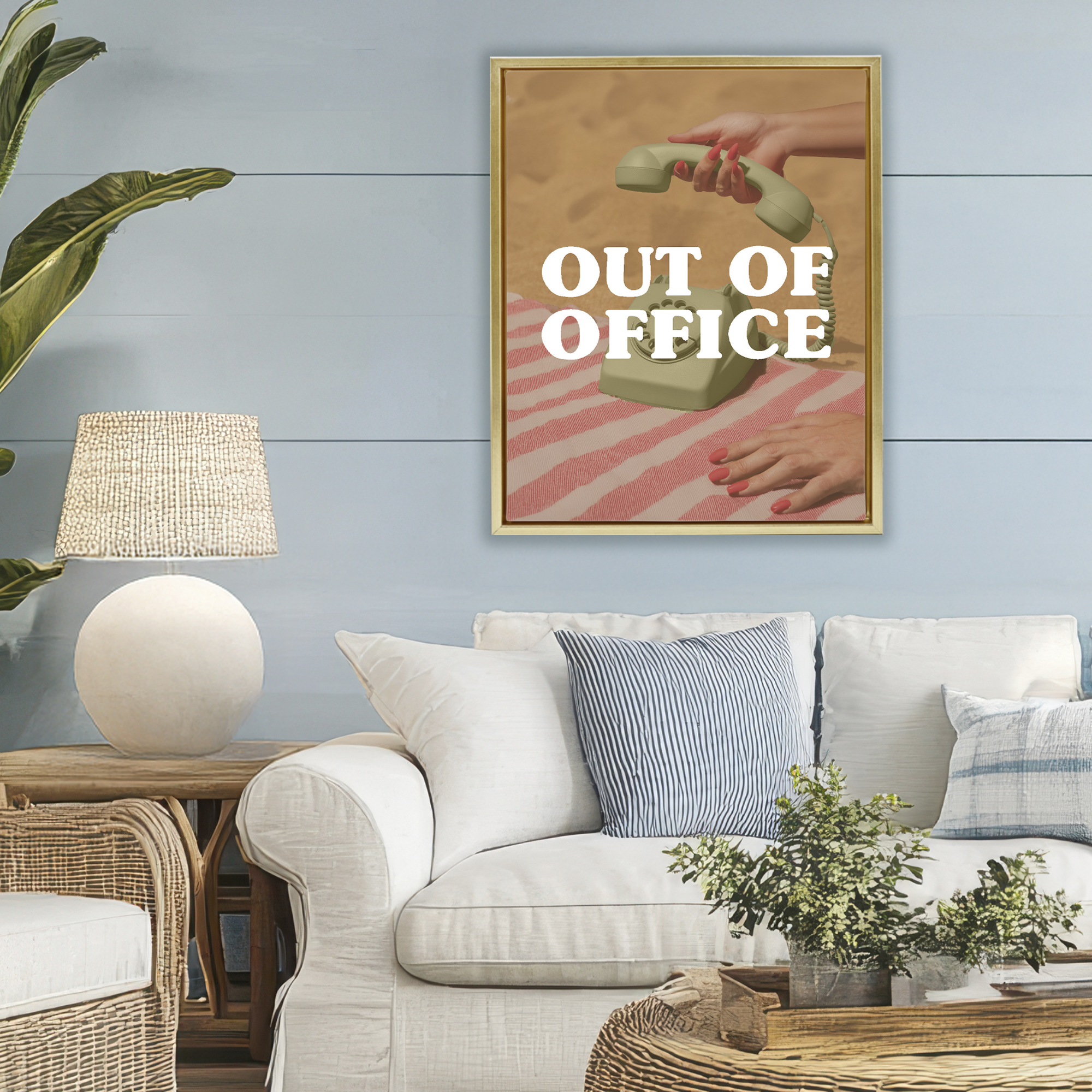 Out of Office Green Phone Gold Framed Floater Canvas Wall Art, design by Lil' Rue