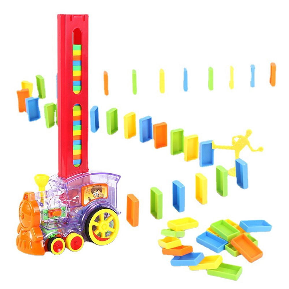 Funny Creative Gift Sound Light Boys Girls Building Stacking Toy Domino Train Car Set Laying Domino Brick Automatic Domino Car Dominoes Blocks Game 60PCS