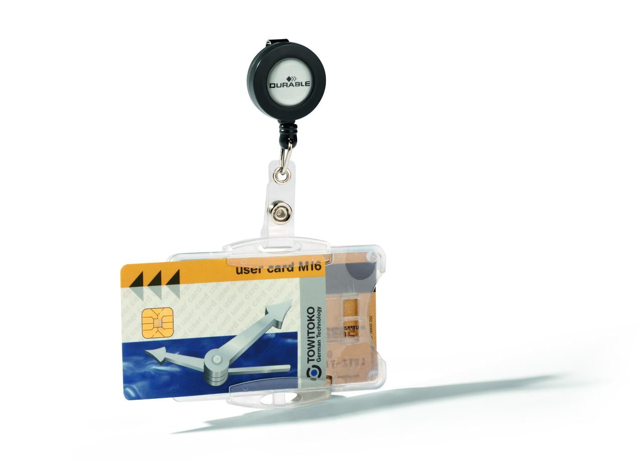 DURABLE Open Face Style ID Badge Holders for Two Badges with Retractable Reel, Horizontal Or Vertical Orientation, 2-3/4" x 3-5/8", Clear, Pack of 10 (821919)