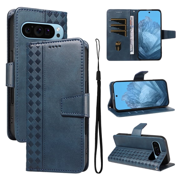 for Google Pixel 10/10 Pro Wallet Case,PU Leather Flip Cover with Kickstand,Magnetic Closure Wrist Strap 3 Card Slots&1 Cash Pocket Shockproof Full Body Protection for Google Pixel 10/10pro,Blue