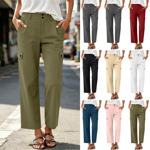 Hilenly Cargo Hiking Pants Women High Waisted Travel Work Pants Ankle Length Straight Leg Chino Pants with Pockets