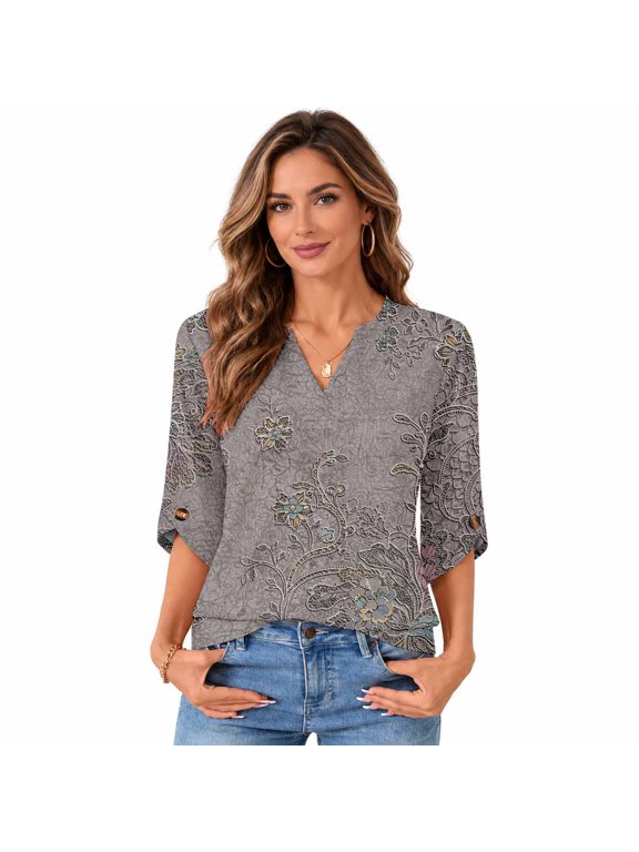 Women's 3/4 Sleeve Split Neck Printed Casual Blouse