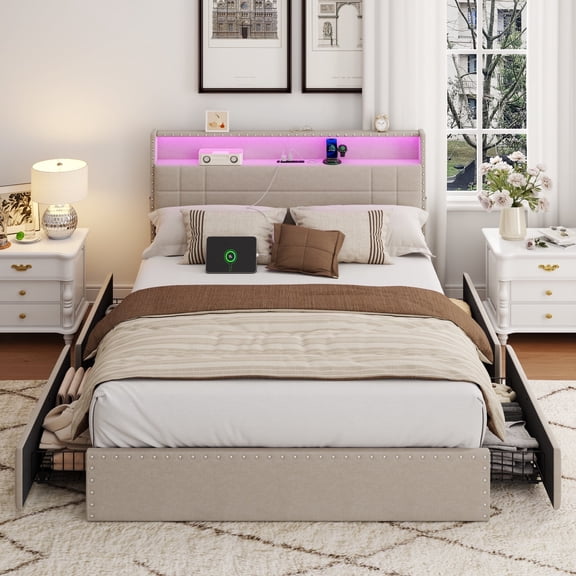 Satifur Queen Bed Frame with Storage Headboard, Platform Bed with 4 Drawers, Rivet Upholstered Bed Frame with LED Lights & Charging Station, Beige