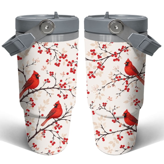 30oz Red Cardinal Bird Travel Tumbler with Handle and Straw Lid Berry Branch Insulated Car Coffee Cup Gift for Women