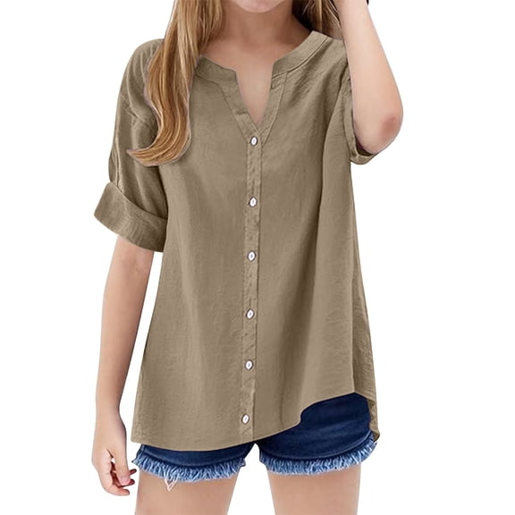 Otqutp Linen Shirts Girls Long Sleeve Button Down Shirt Tops Baggy Casual Roll Up Tees Teen Lightweight Fashion Blouses Kids Tee Top