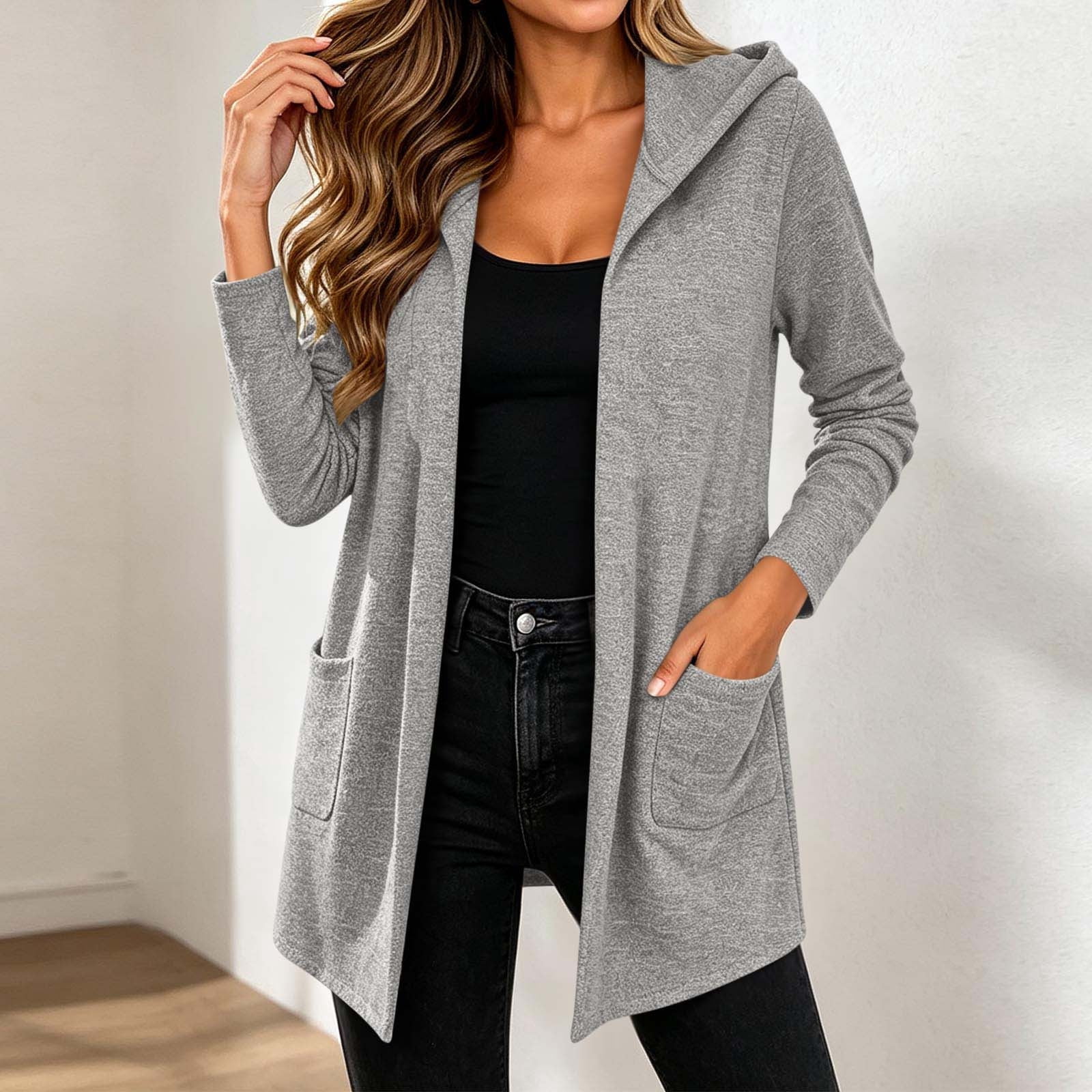 Edvintorg Long Cardigans for Women Long Sleeve Loose Casual Hooded Open Front Cardigan with Pocket Womens Clothes S-2XL White