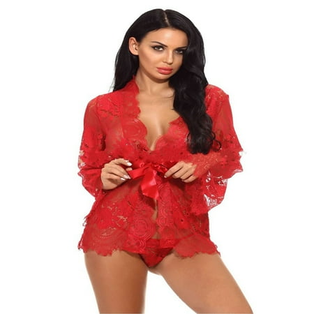 Tao Tao Women Kimono Robe Floral Lace Babydoll Chemise Sheer Mesh Nightgown Red M