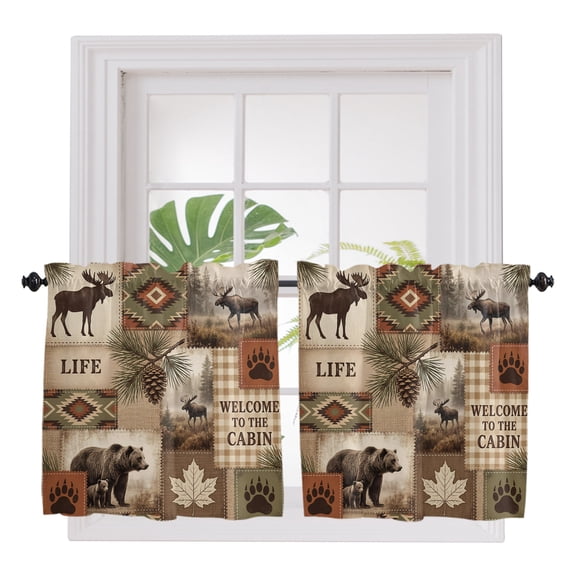 Moose Bear 2 Panel Kitchen Curtains for Small Windows, Forest Wildlife Pinecone Branch Rustic Country Bathroom Tier Curtain, Short Window Treatment for Bedroom/Living Room 55"x24"