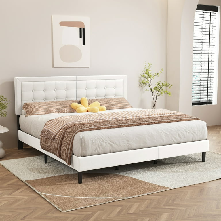 ヘヨン　ファージレ　ホワイト VECELO Upholstered Beige Bed Frame with Adjustable Height