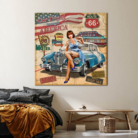 Garage Art, Tin Car Art, Woman With Retro Car Art, Old Car Canvas Art, America Canvas, Vintage Car Canvas Art, Car Canvas, Canvas Wall Decor - Rolled Canvas