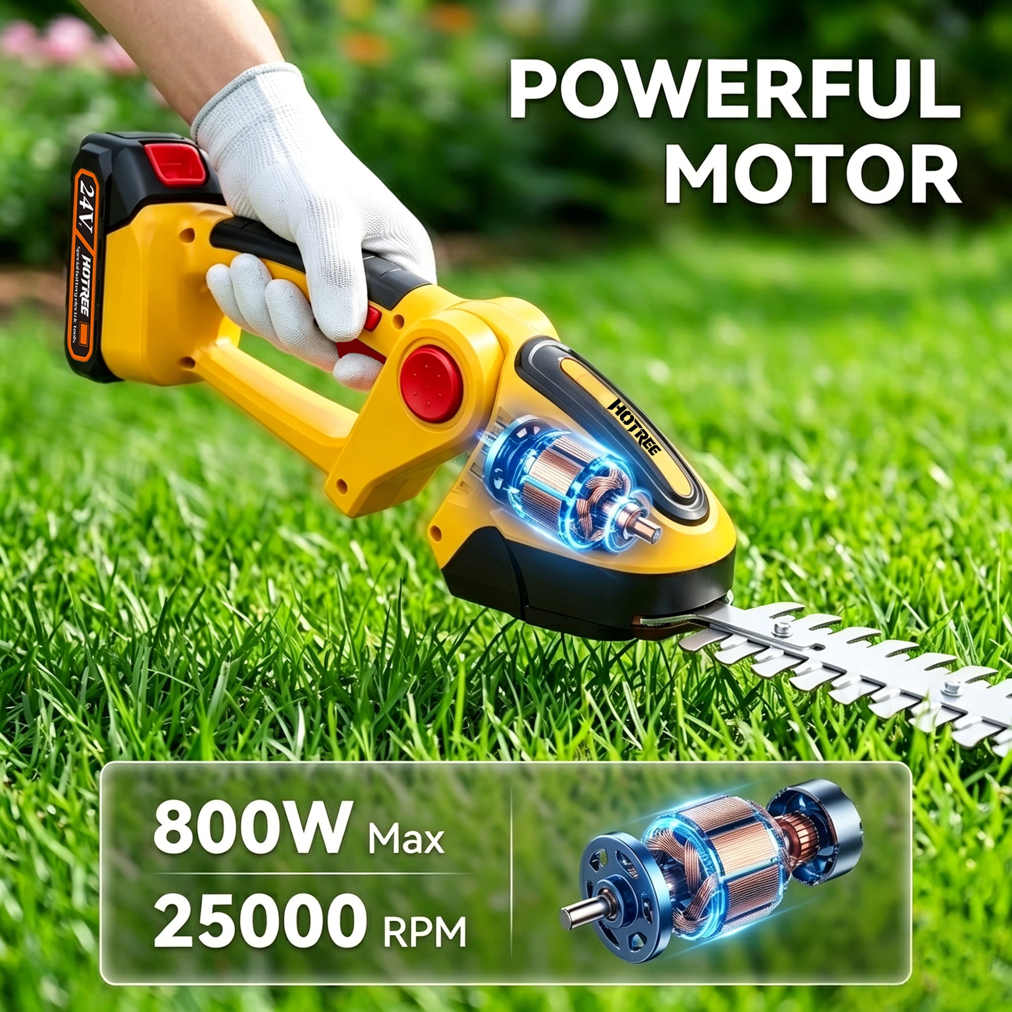 HOTREE Cordless Hedge Trimmer & Grass Shears, 90° Adjustable Head, 25,000 RPM, 2.4 lb, Up to 60 min Runtime