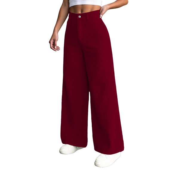 Women's corduroy trousers with pockets, high-waisted, wide-leg business formal trousers