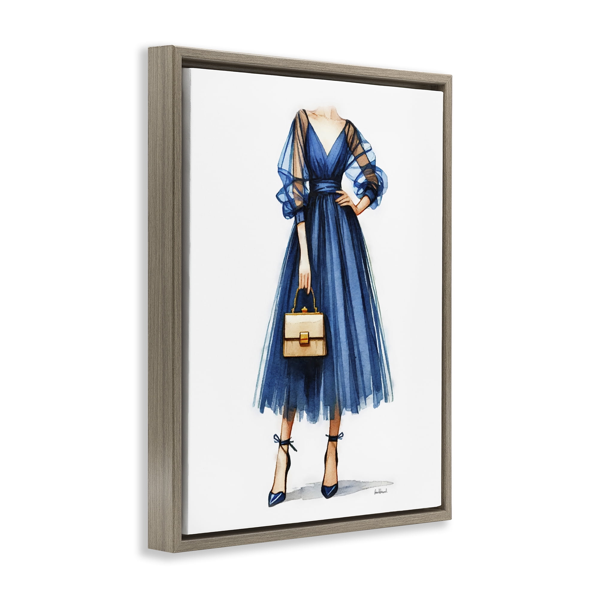 Stupell Industries Glam Blue Fashion Gown Fashion Painting Brown Floater Framed Canvas Art Print Wall Art, 17 x 21