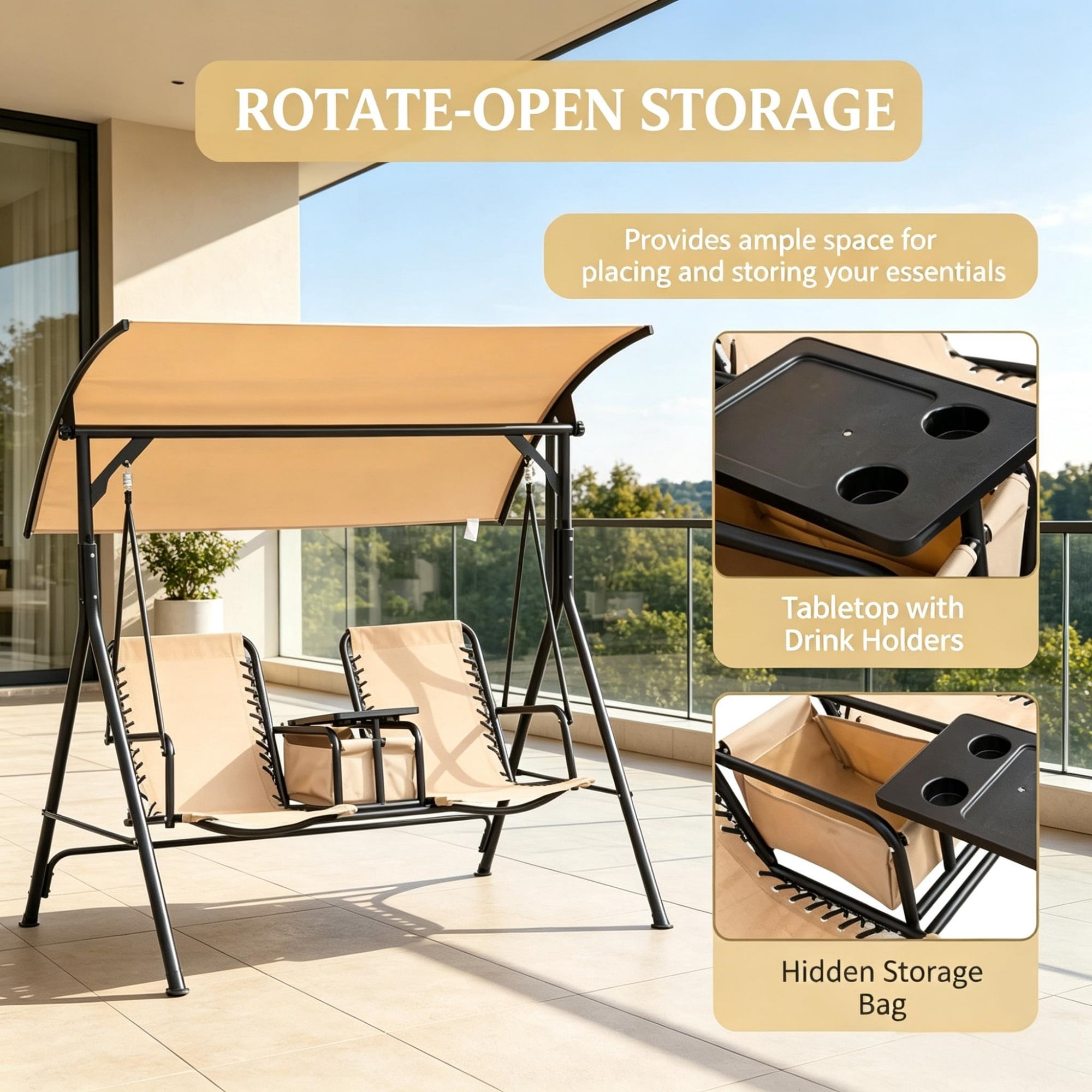 2-Seat Porch Swing with Adjustable Canopy, Built-in Storage Table & Cup Holders for Backyard, Beige