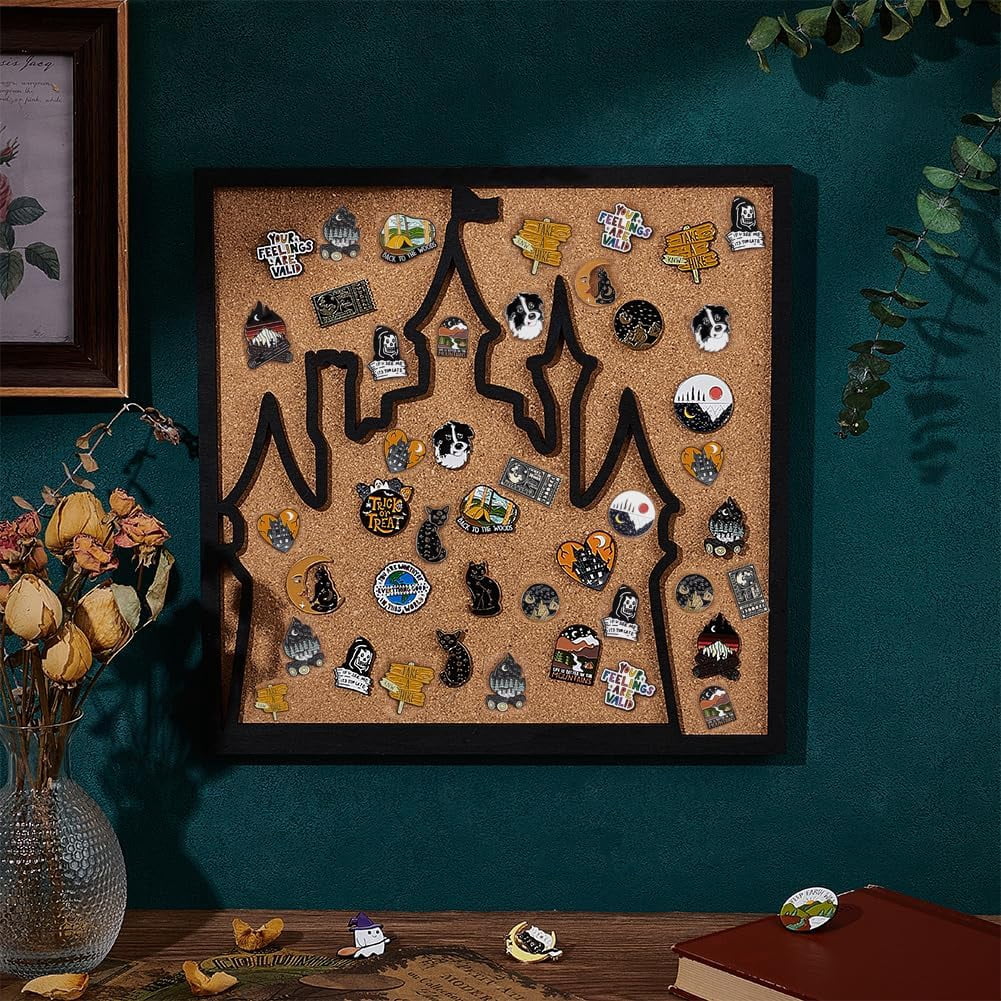 1pc Square Castle Pin Board Cork Board 11.8x11.8inch Bulletin Display Board Wall Mounted Cork Board with Black Frame for Brooch Pin Storage Display Office Home and School Decor