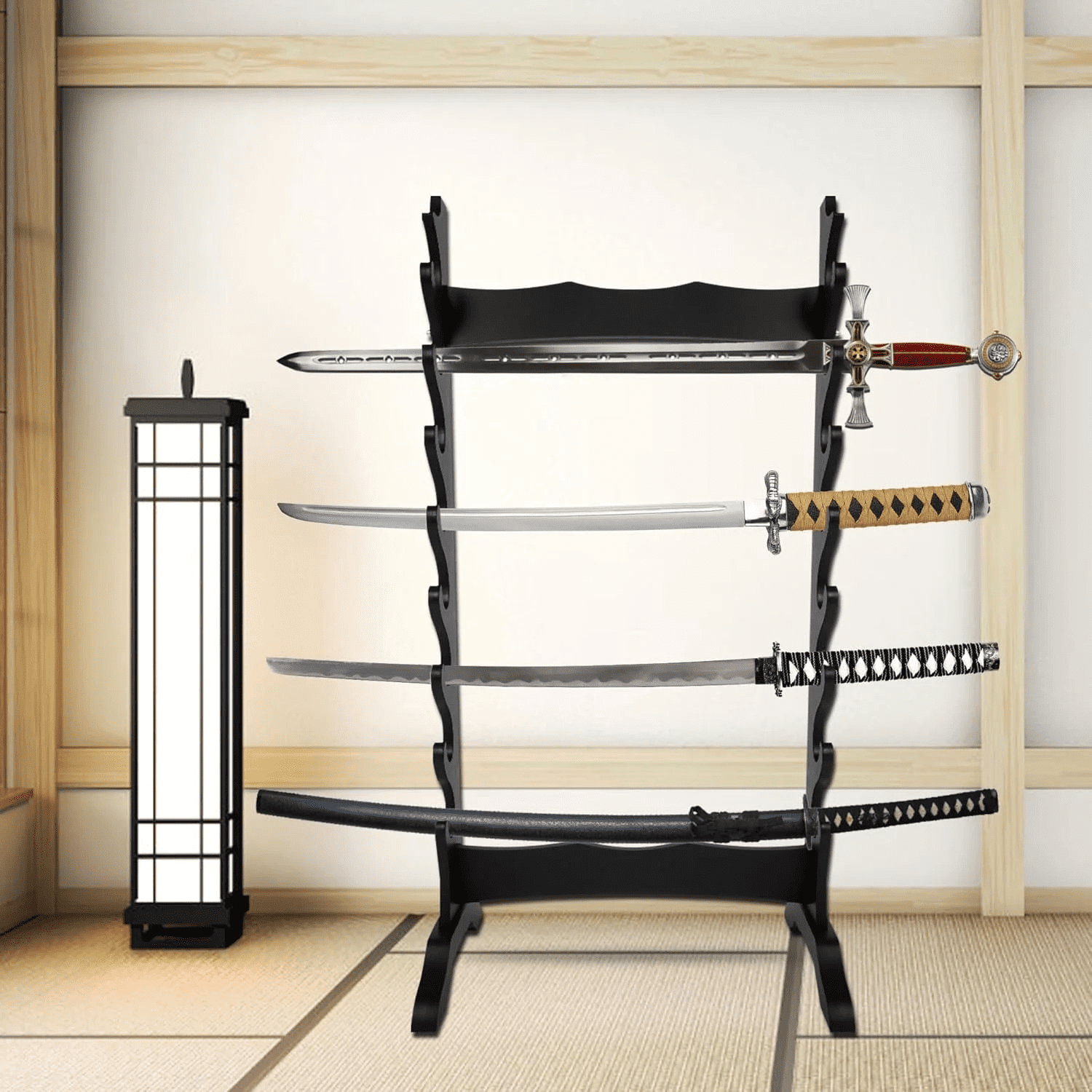 Qunbio 8 Tier Sword Stand, Wooden Japanese Samurai Sword Holder, Sword Display Stand Floor for Katana
