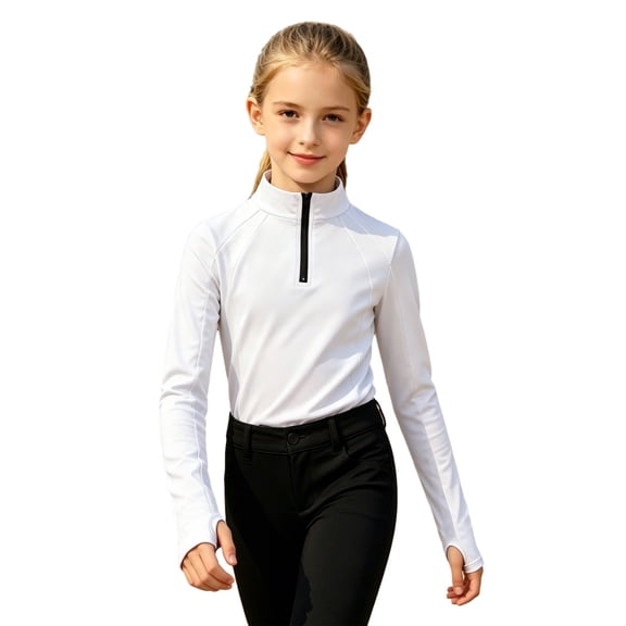 Hansber Sports Girls Long Sleeve Equestrian Shirts Thumbhole Horse Riding Shirt Half Zip Horseback Show Shirt White 10