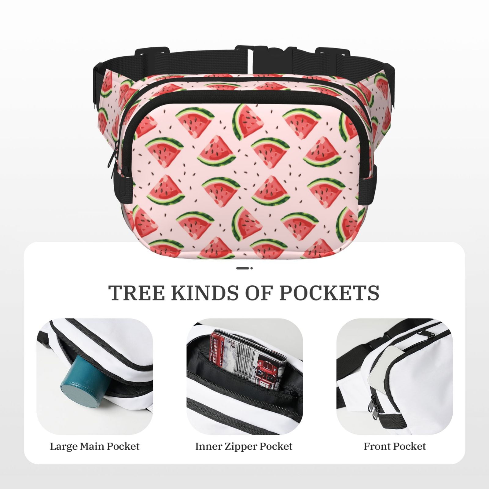 Picia Hand Drawn Watermelon Print Square Double-Layer Waist Bag Mini Adjustable Waist Belt Bag Exercise Running Travel Hiking