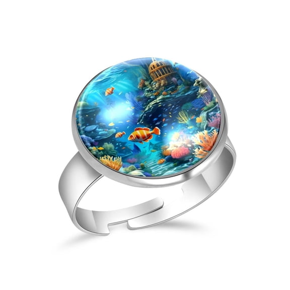 PhooArto Fantastic Painting Underwater World Stainless Steel Rings for Women, Open Adjustable Ring Promise Ring Jewelry Gifts