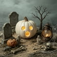 thumbnail image 5 of Halloween White Pumpkin Light, LED Plastic Jack O Lantern with Surprised Face, Battery Powered Decor for Porch Mantel Patio Party Store Display, 5 of 5