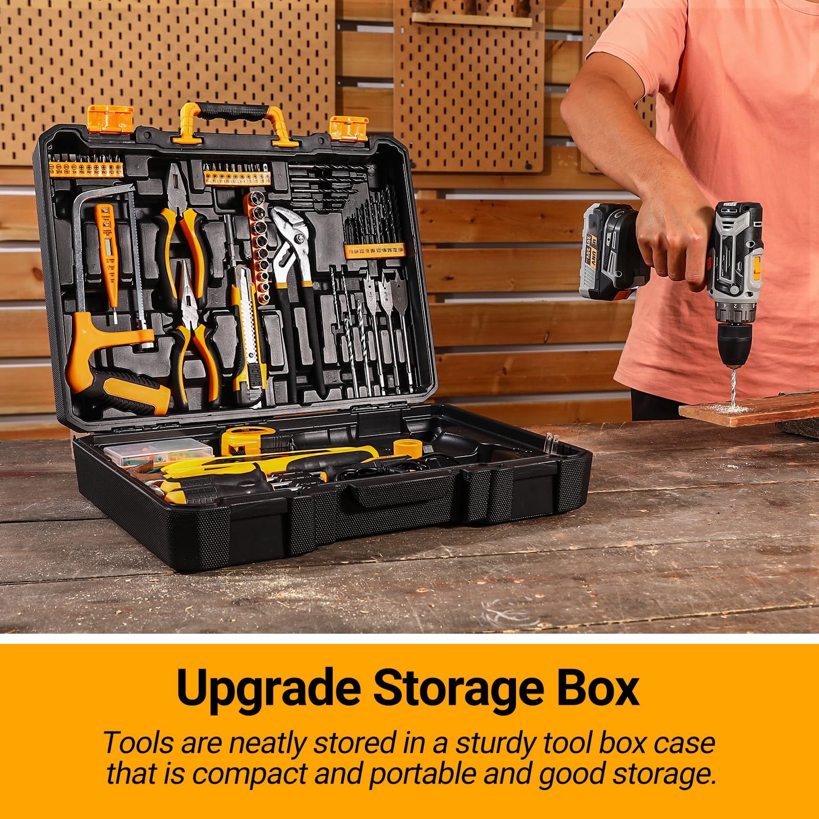21V Cordless Drill Set, Impact Power Drill With 3/8 Inch Keyless Chuck, 18+3 Clutch Electric Drill With Work Light, Max Torque 45Nm, 2-Variable Speed & 2.0AH Batteries And Fast Charger