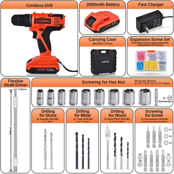 Juemel 20V Cordless Drill Driver with 100Pcs Accessories Electric Power Drill Set Variable Speed Trigger 3 8 Keyless Chuck and 2000mAh