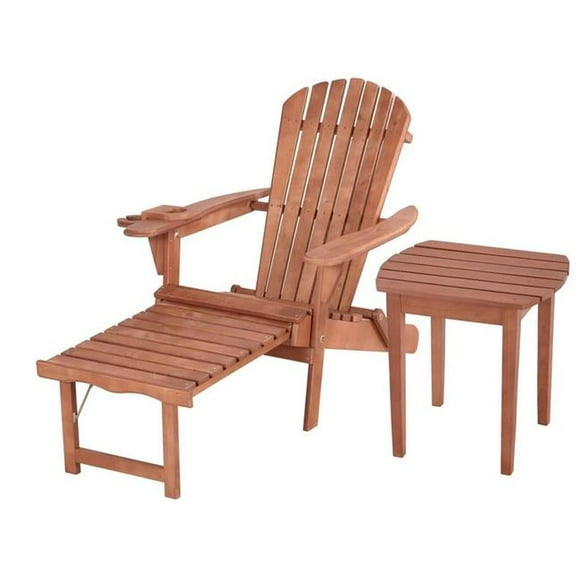 W Unlimited SW2005WN-CL1ET1 Oceanic Adirondack Chaise Lounge Chair Foldable with Built-in Ottoman & End Table Set, Nogal