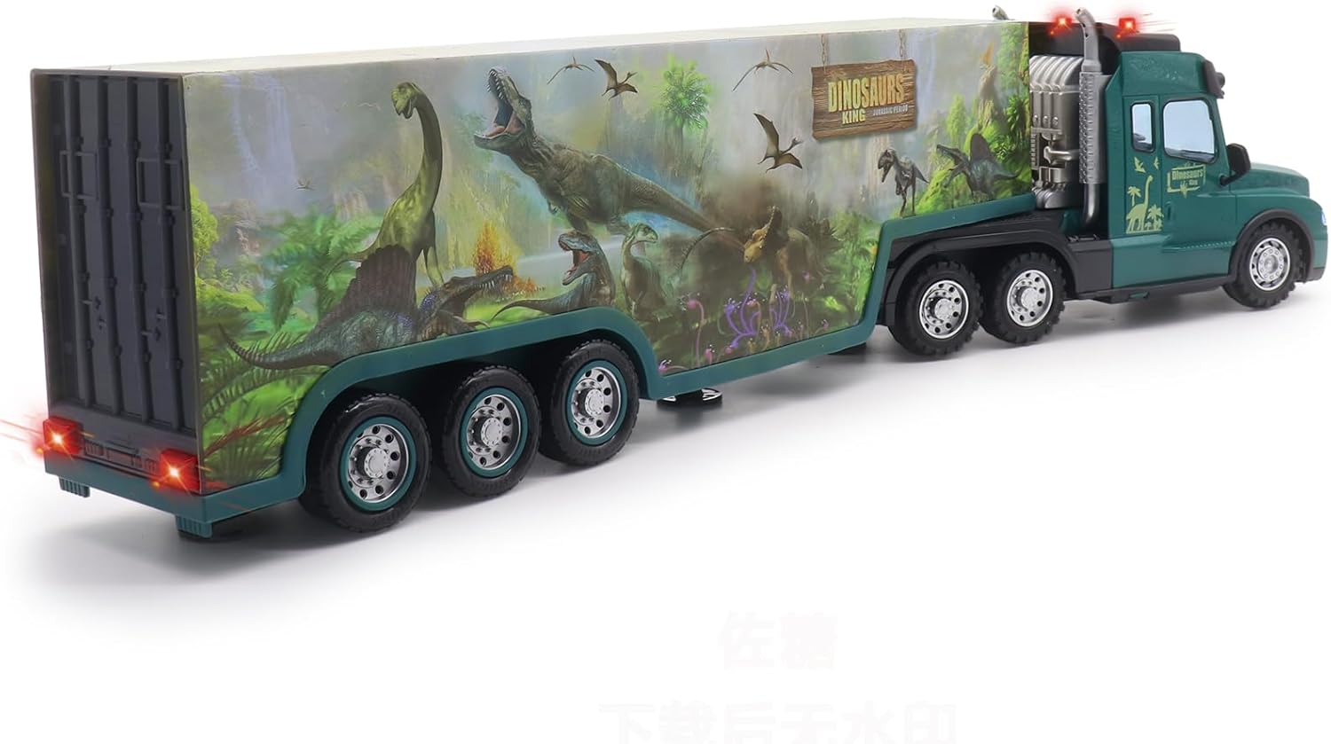 RC Semi Truck with Trailer, 2.4Ghz Dinosaur Container Truck with LED Lights & Music, Carrier Van Transport Vehicle with 2 Rechargeable Batteries Toy Gift for Kids 6+