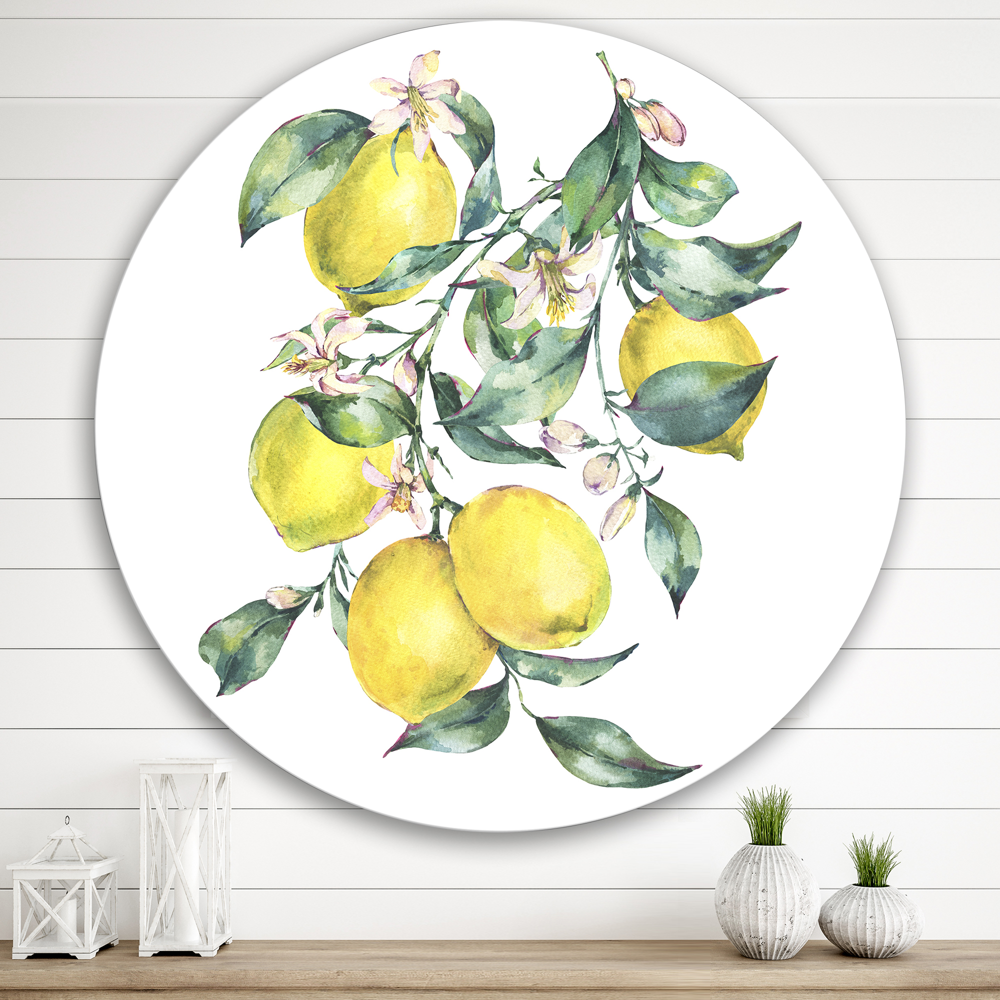 Designart 'Branch of Leaves and Yellow Lemons I' Tropical Circle Metal Wall Art 36x36 - Disc of 36