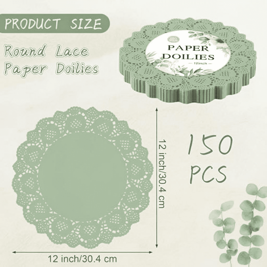 Sage Green 12-Inch Round Lace Paper Doilies, 150-Pack Disposable Decorative Placemats for Food, Cakes, Crafts, Parties, and Wedding Table Decorations