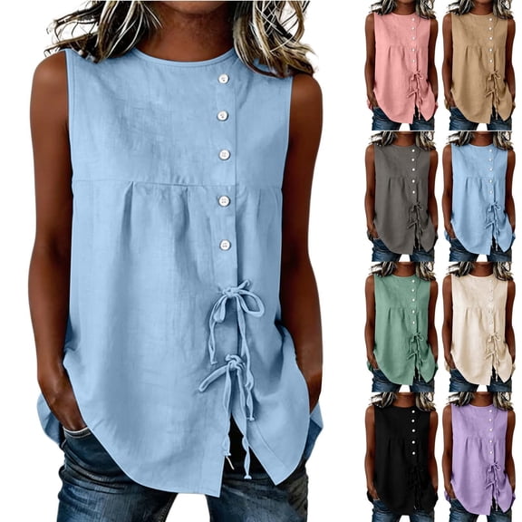 Inverlee Linen Sleeveless Tank Tops for Women Side Tie Button Decor Loose Fit Blouses Beach Daily Casual Camisoles Green S